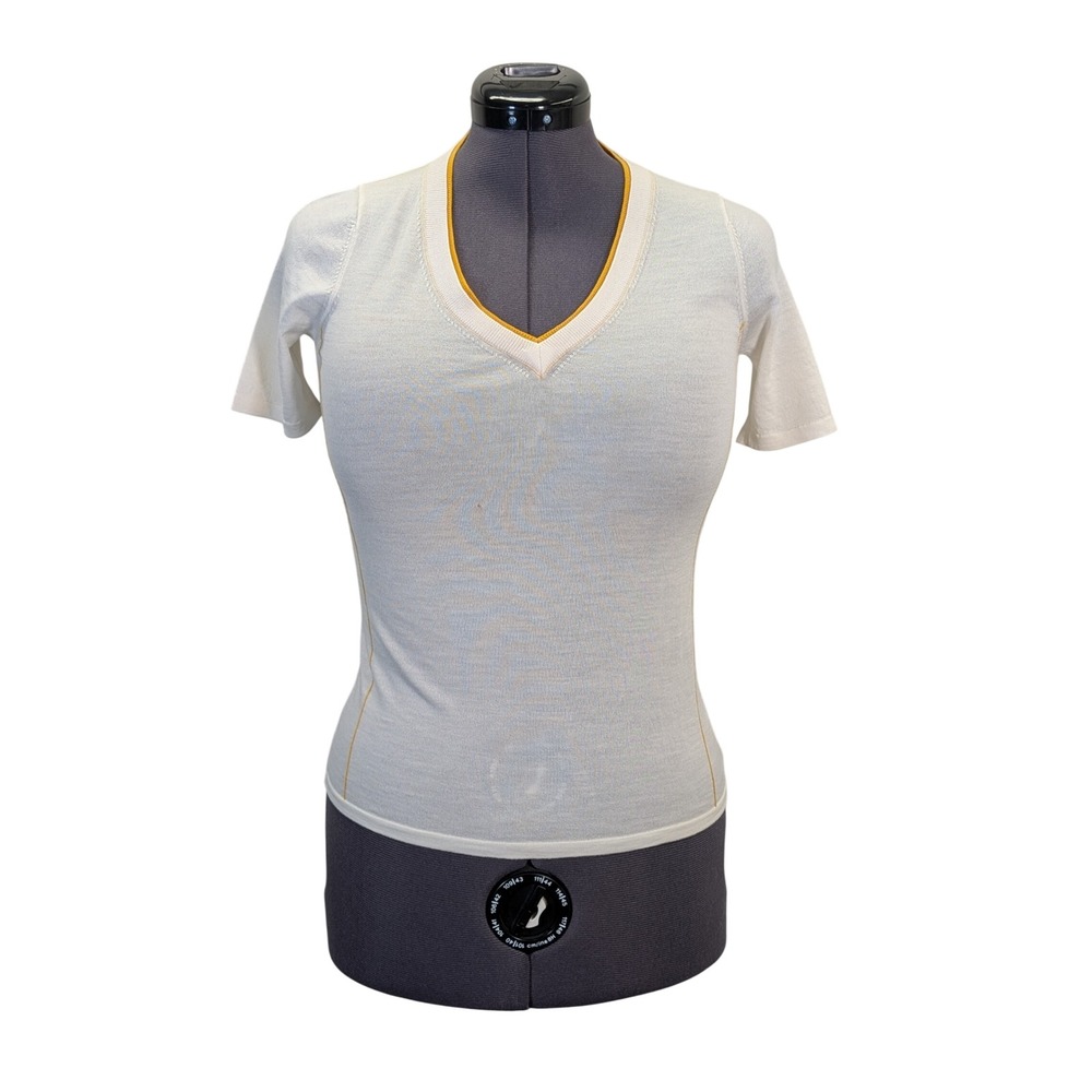 Womens 100% Merino Wool Knit Tee Ivory Yellow V Neck Short Sleeve Retro Ringer